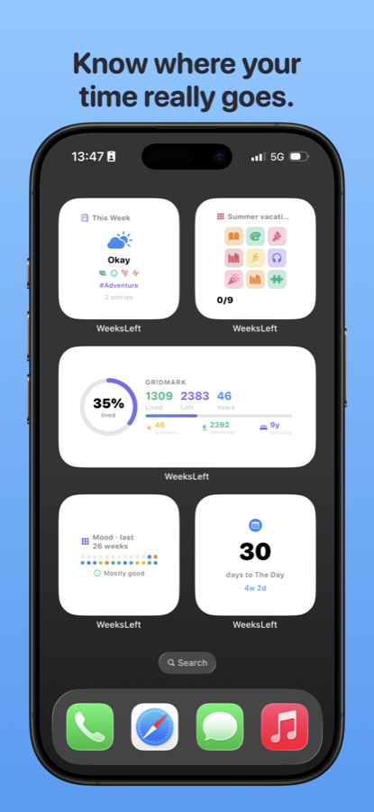 WeeksLeft home screen widgets showing weeks lived, mood history and countdowns